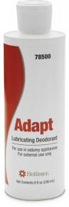 78500 Hollister Adapt Lubricating Deodorant 8 ounce bottle is designed for use in colostomy and ileostomy pouches.  It will deodorize stool and lubricate the pouch insides so that contents will not stick and allow for easy emptying of an ostomy pouch.