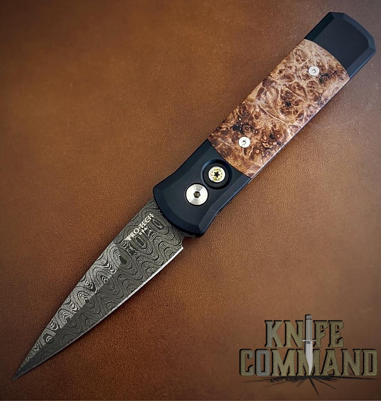 Pro-Tech Knives Godson Automatic Knife 706-Dama Folder Black and Maple Burl Ladder Damascus Blade