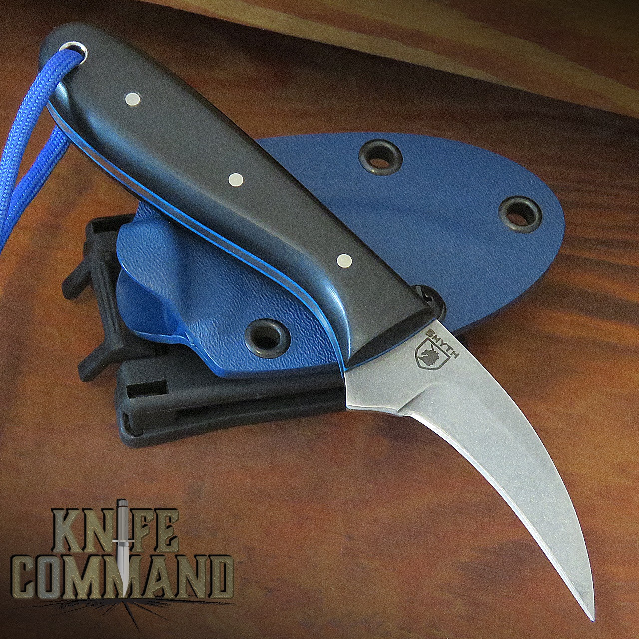 Paddy Smyth Knives Custom Stalker's Claw Hunting Knife, Black G-10 Blue Sheath Police Special