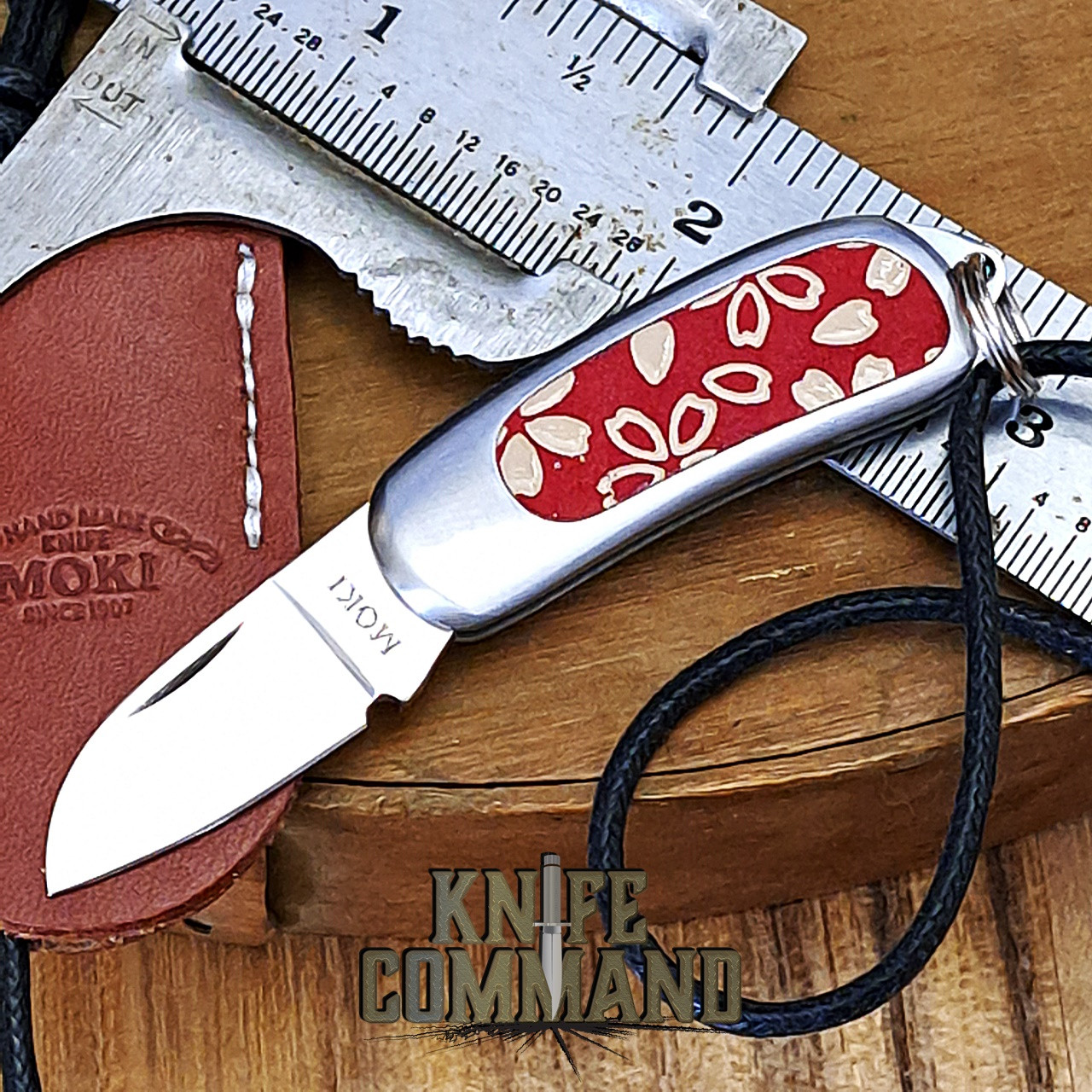 Custom Moki Pendant Necklace Knife Deer Skin Inlay White Flowers