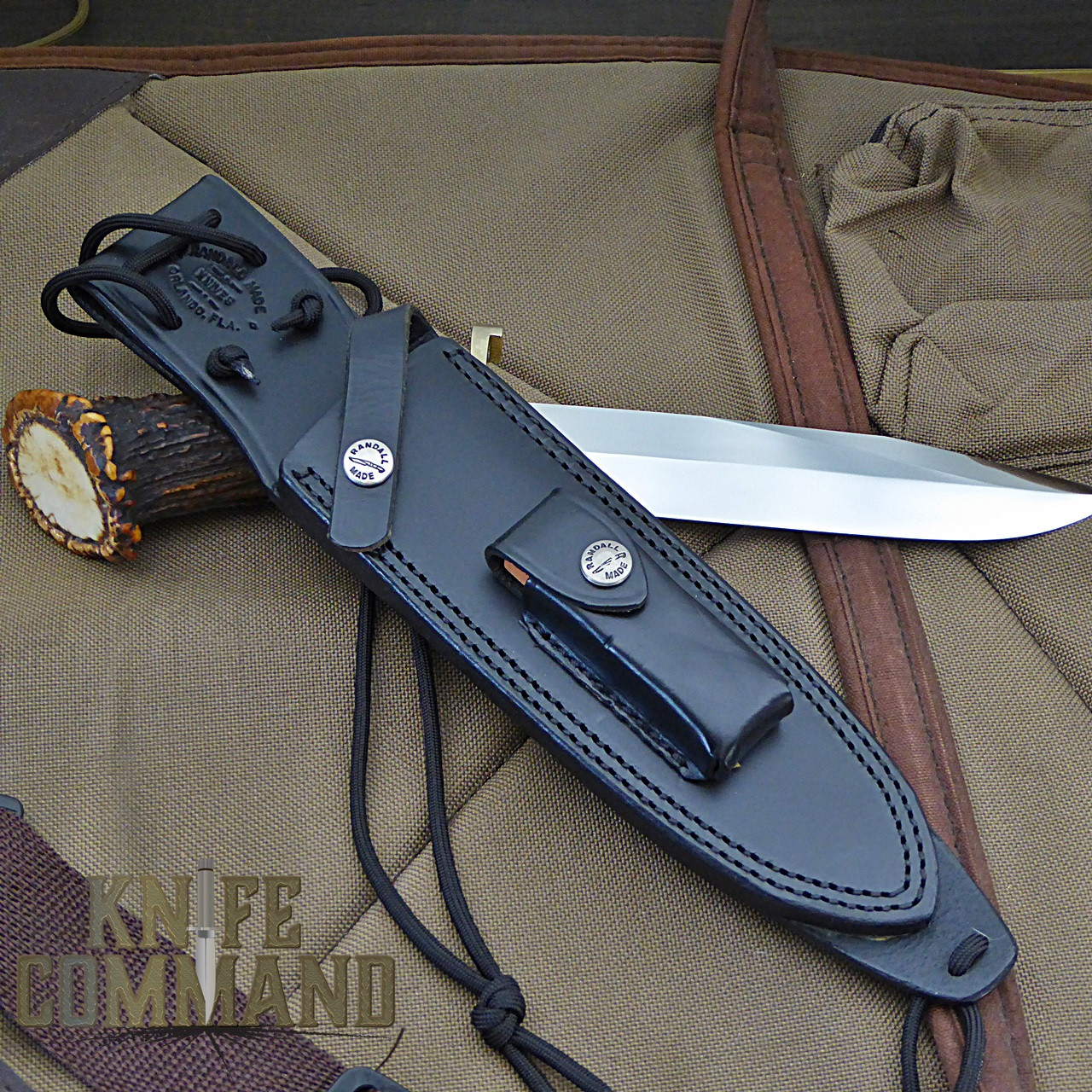 Randall Made Knives Pre-Owned Model 14 Attack SS Crown Stag Lugged Hilt Knife.  Handsome black model C sheath.
