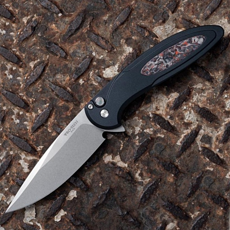 Pro-Tech Knives Cambria Manual Knife Folder Black Handle Technocarbo Red Inlay, 3.5" Stonewash MagnaCut Blade