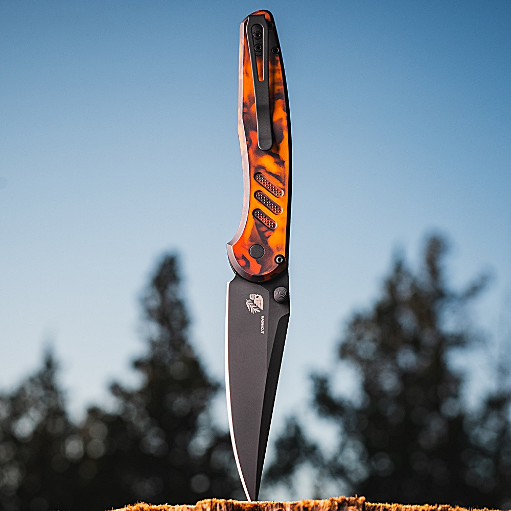 Pro-Tech Knives Avalon Peace Neighbor Manual Knife Folder Del Fuego Handle 4.25" Black DLC MagnaCut Blade PN1104DF