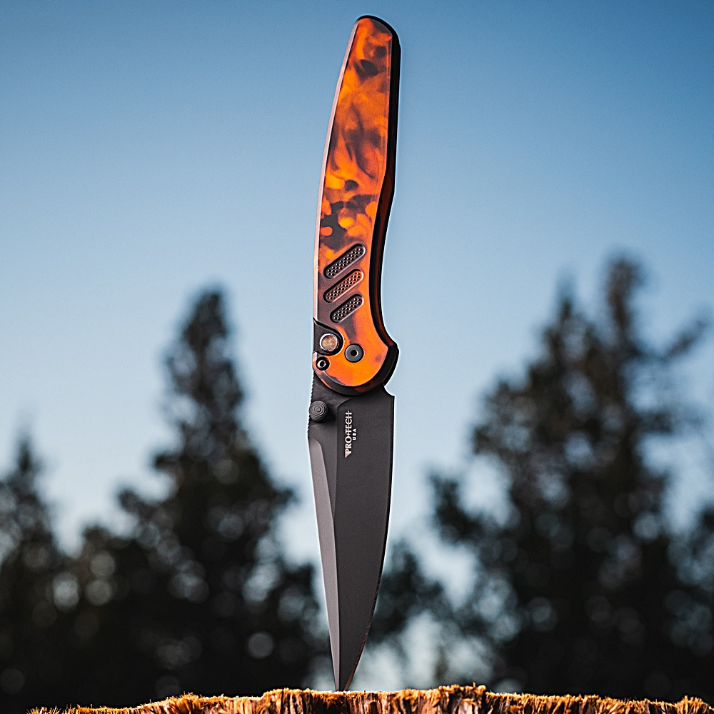 Pro-Tech Knives Avalon Peace Neighbor Manual Knife Folder Del Fuego Handle 4.25" Black DLC MagnaCut Blade PN1104DF