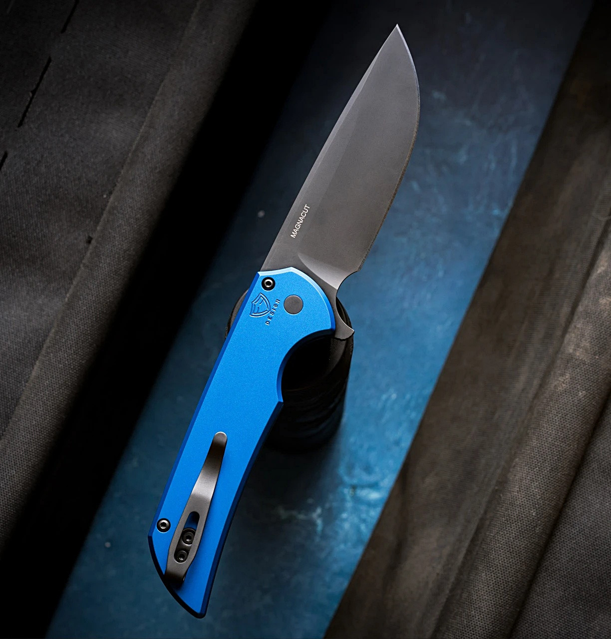 Pro-Tech Knives MX103-LTD Blue Mordax Manual Flipper Knife Folder 3.625" Black DLC MAGNACUT Drop Point Blad