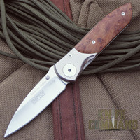 Klotzli Knives Ernest Emerson Titanium Maple Folding Knife.  Titanium and stabilized Maple.