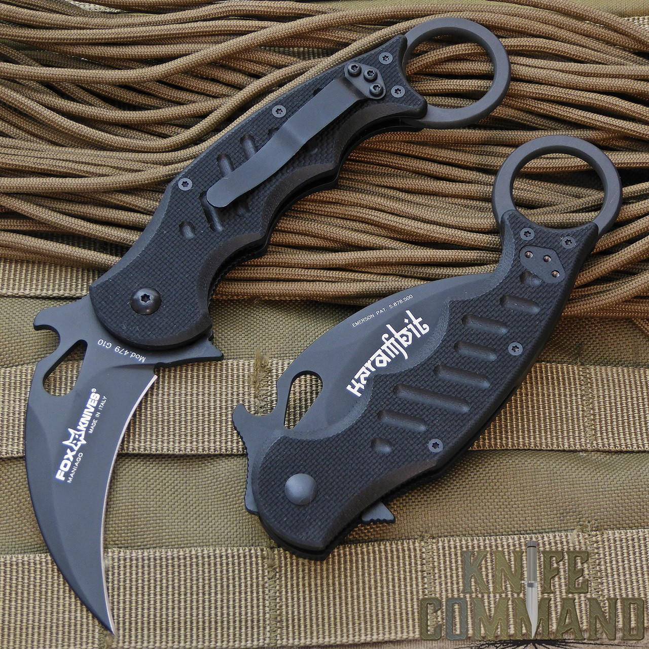 Fox Folding Karambit.  G10 handle, black teflon coated blade.  Flipper with Emerson wave.