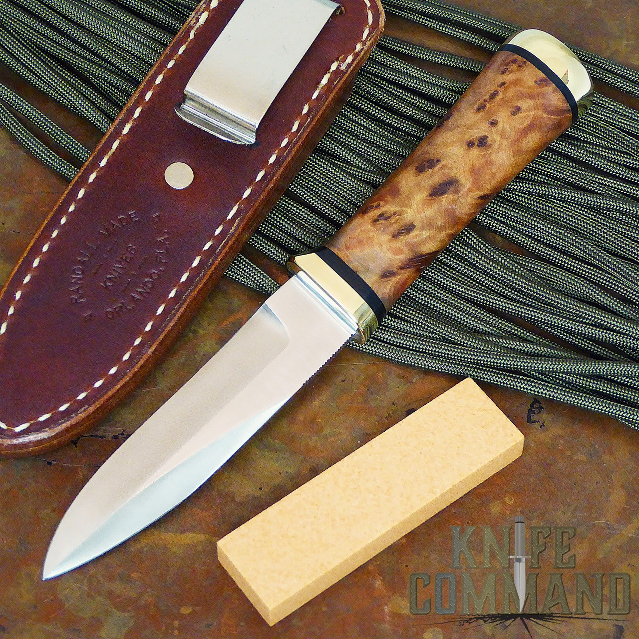 Randall Made Knives Non-Catalog Model Gambler 4" Thuya Burl Boot Knife.  Brass hilt and butt cap.
