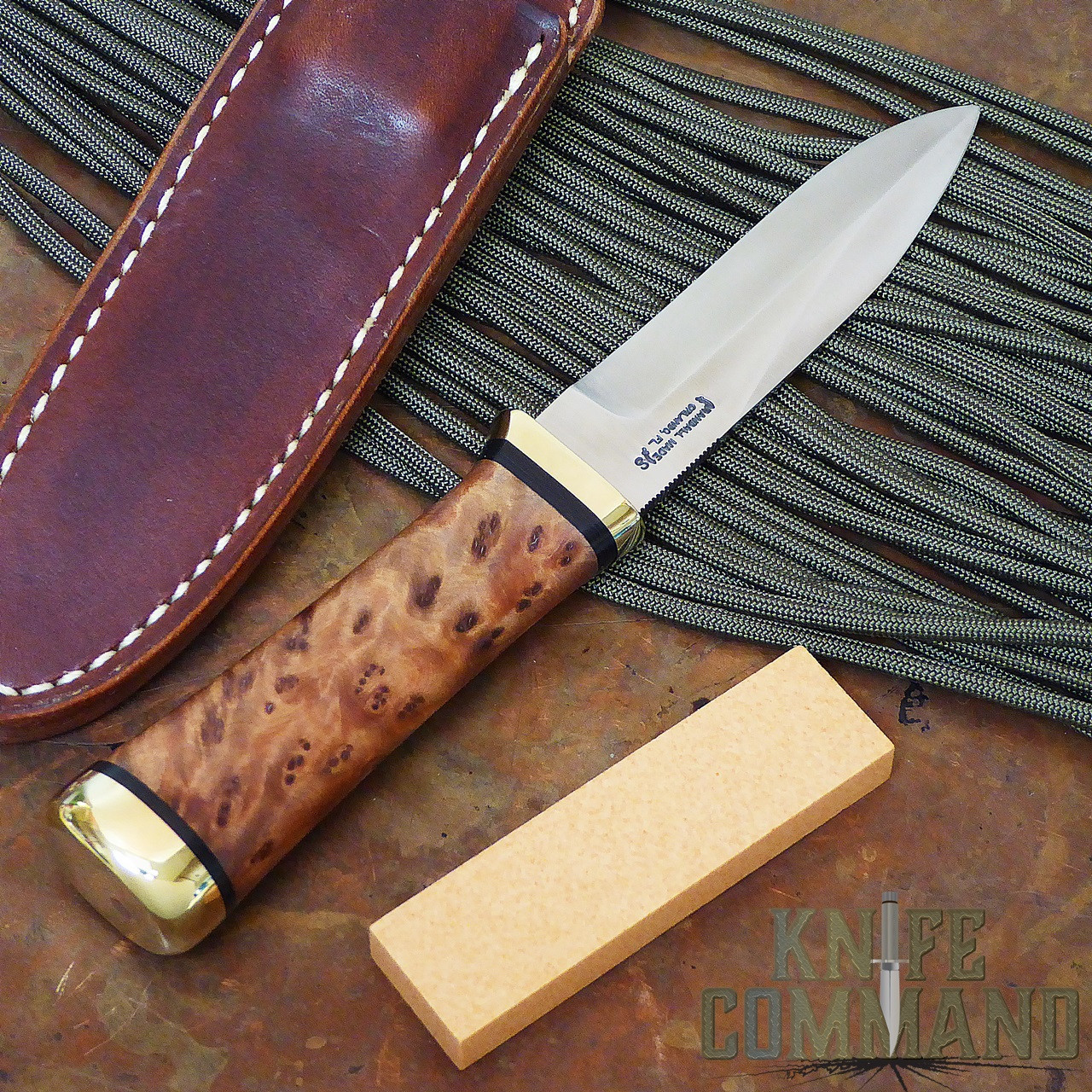 Randall Made Knives Non-Catalog Model Gambler 4" Thuya Burl Boot Knife.  All black spacers.