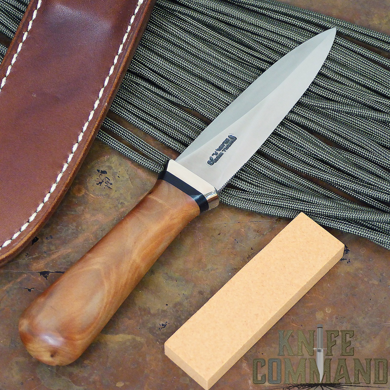 Randall Made Knives Model 24 Guardian Thuya Burl Boot Knife.  Concave handle.