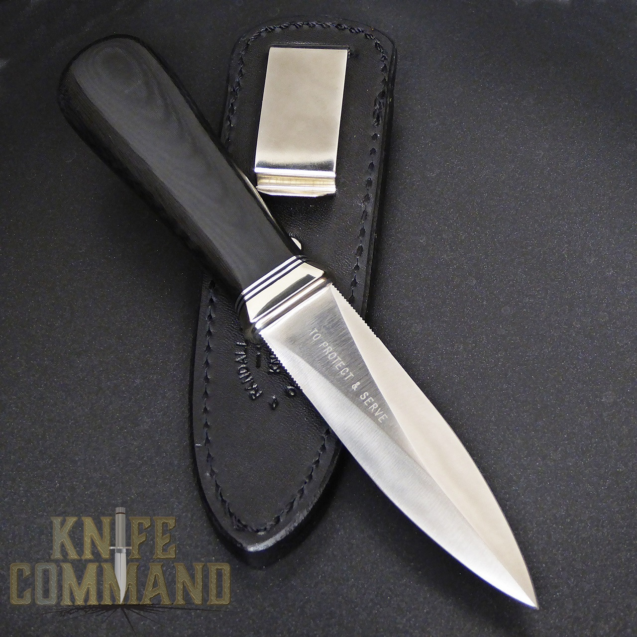 Randall Made Knives Model 24 Guardian Black Micarta Custom Police Knife.  Concealment sheath with clip.