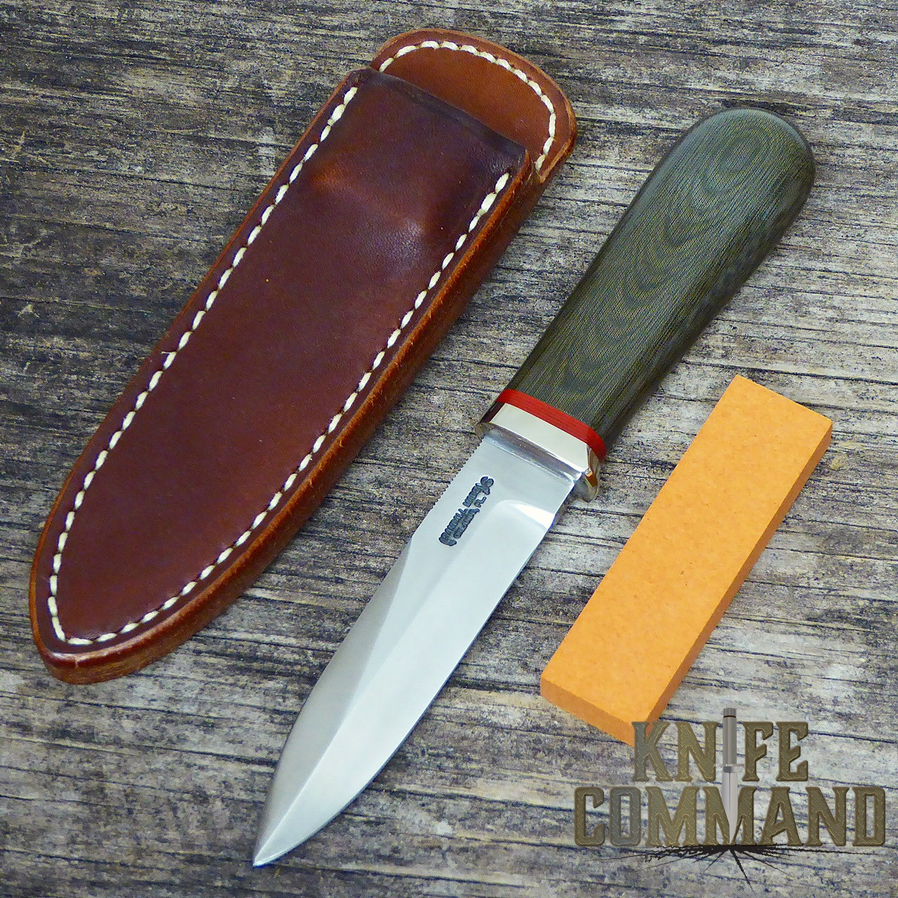 Randall Made Knives Non-Catalog Model Gambler 4" Green Micarta Boot Knife.   Brand new with hone.