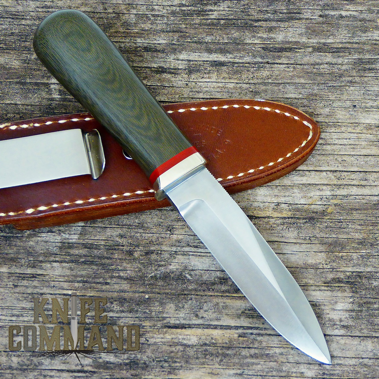 Randall Made Knives Non-Catalog Model Gambler 4" Green Micarta Boot Knife.  Concealment sheath with clip.