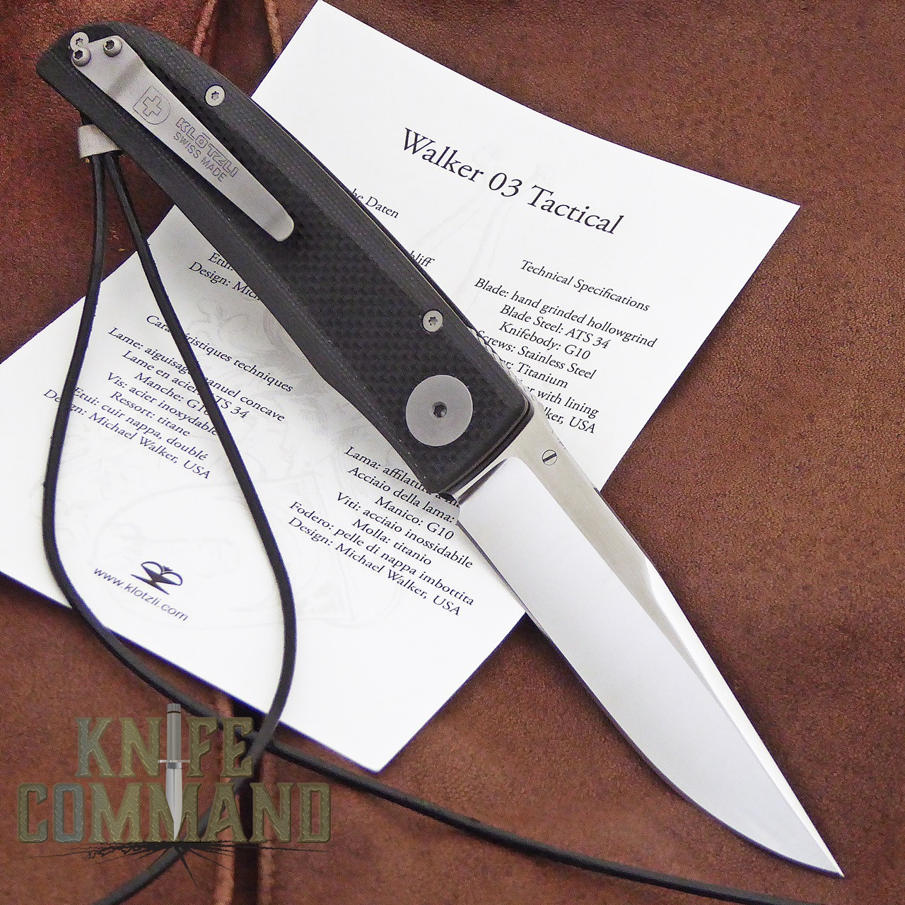Klotzli Knives Michael Walker 03 Tactical Folding Knife Black WALK-03-TAC-C.  With pocket clip and papers.