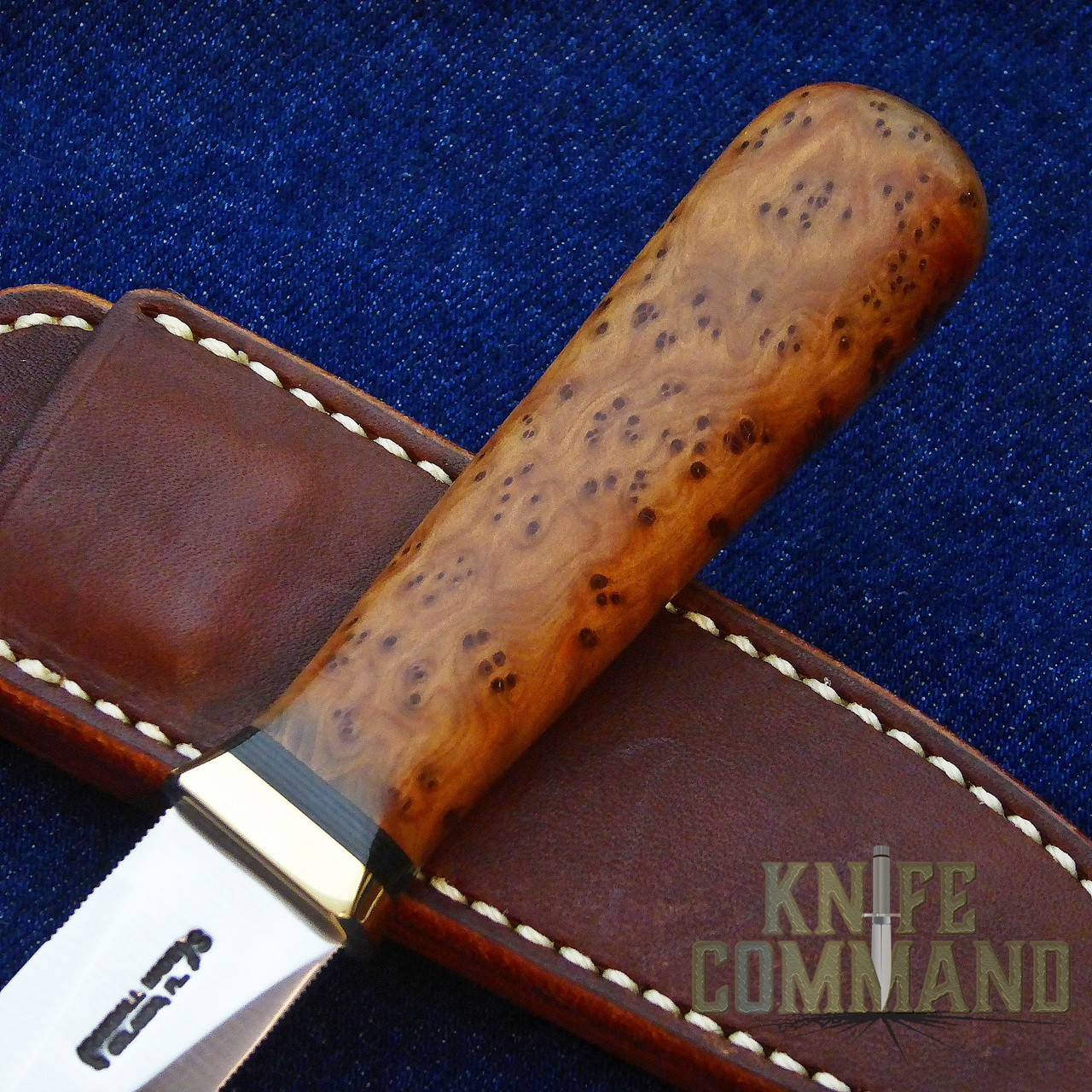 Randall Made Knives Model 24 Guardian Thuya Burl and Brass Boot Knife.  Concave handle.