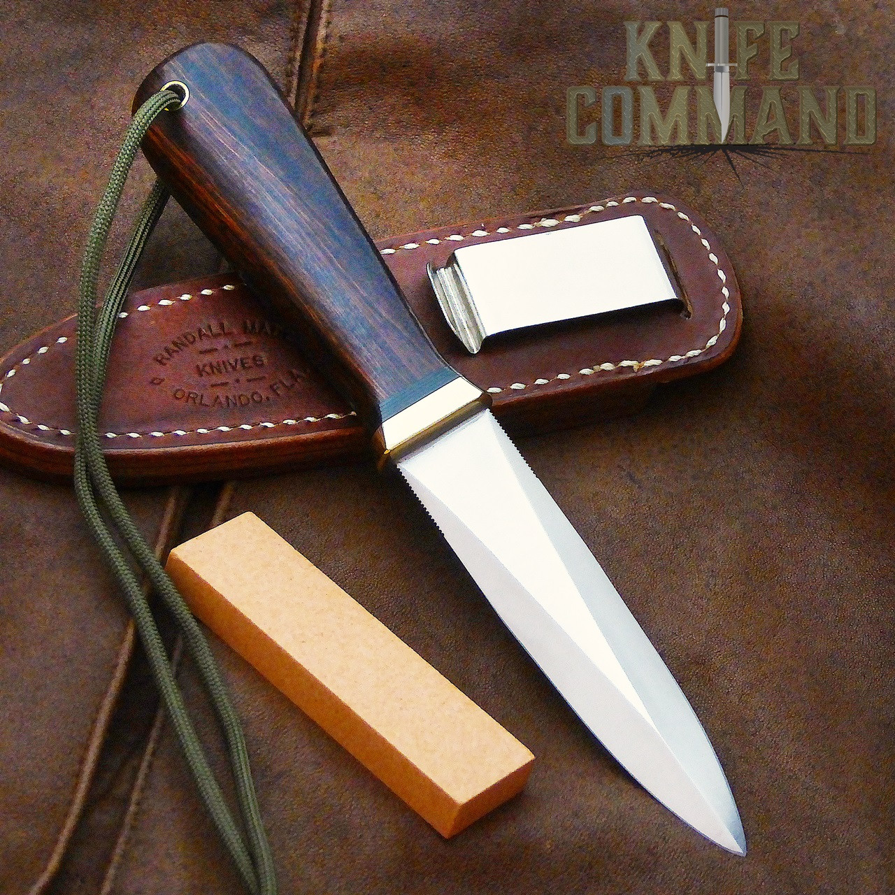 Randall Made Knives Model 24 Guardian Ironwood and Brass Boot Wrist Throng Knife.  Brass hilt, black spacers, and wrist thong.