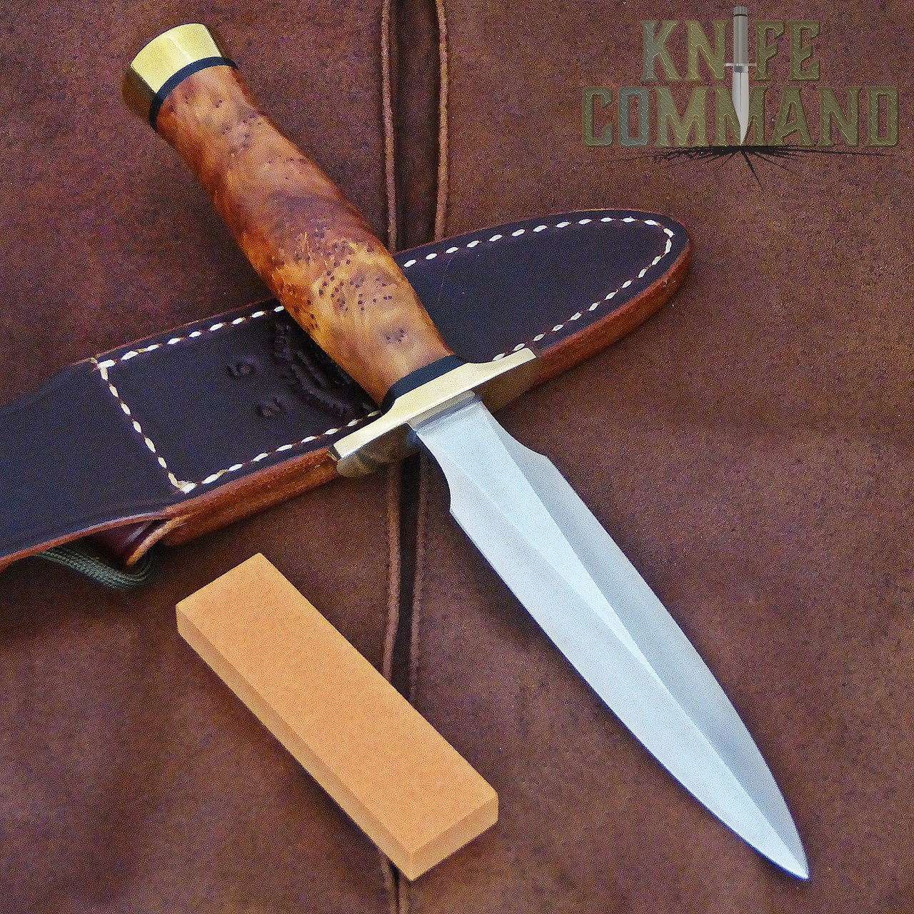 Randall Made Knives Model 2 5 SS Fighting Stiletto Knife Thuya Burl and Brass.  Model B sheath and hone.