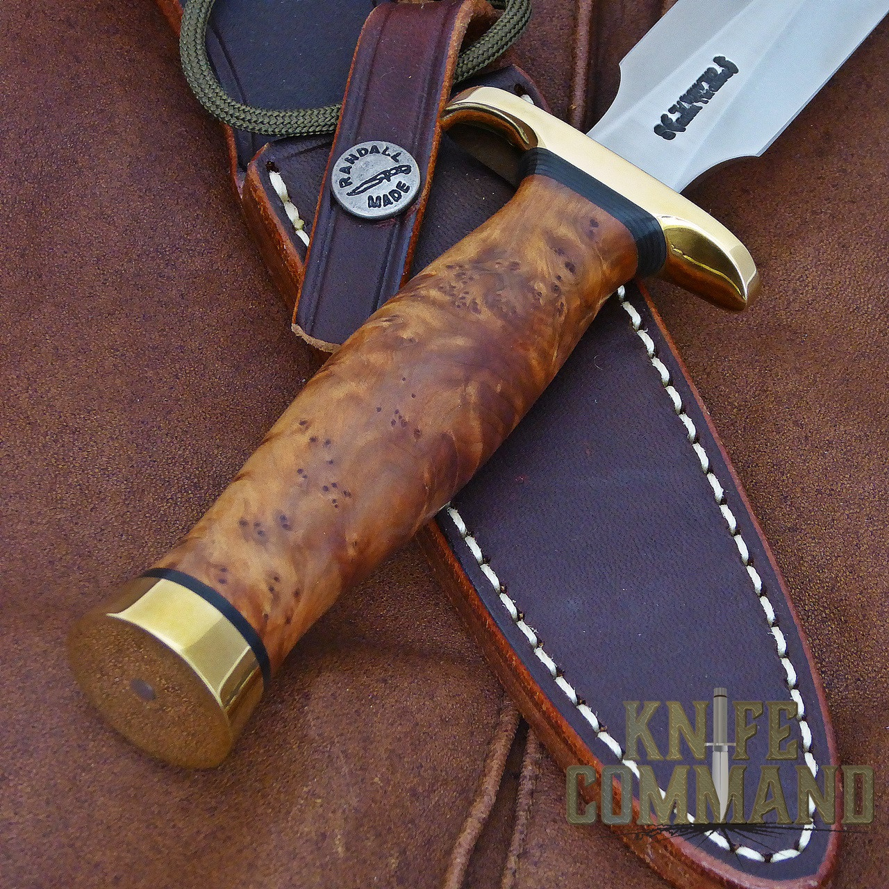 Randall Made Knives Model 2 5 SS Fighting Stiletto Knife Thuya Burl and Brass.  Brass butt cap and black spacers.