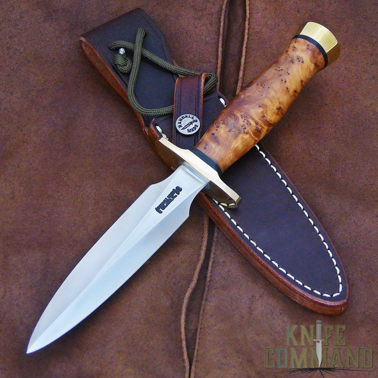 Randall Made Knives Model 2 5 SS Fighting Stiletto Knife Thuya Burl and Brass.  Stainless steel and Thuya Burl Wood.