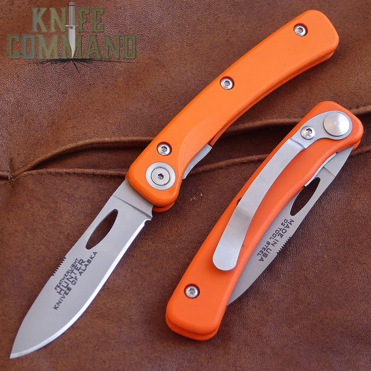Knives of Alaska Featherlight Hunter Pocket Knife Blaze Orange 00450FG.  Hi-vis G10 handle with D2 blade.