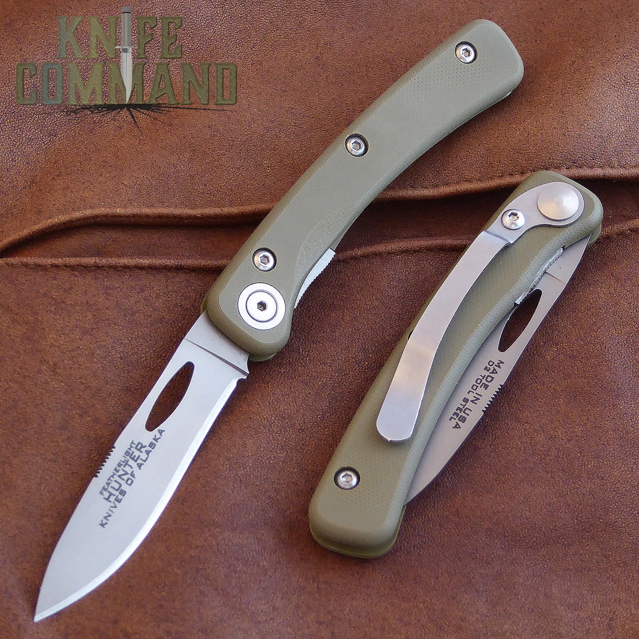 Knives of Alaska Featherlight Hunter Pocket Knife OD Green 00452FG.  Handsome OD G-10 handle with D2 blade.