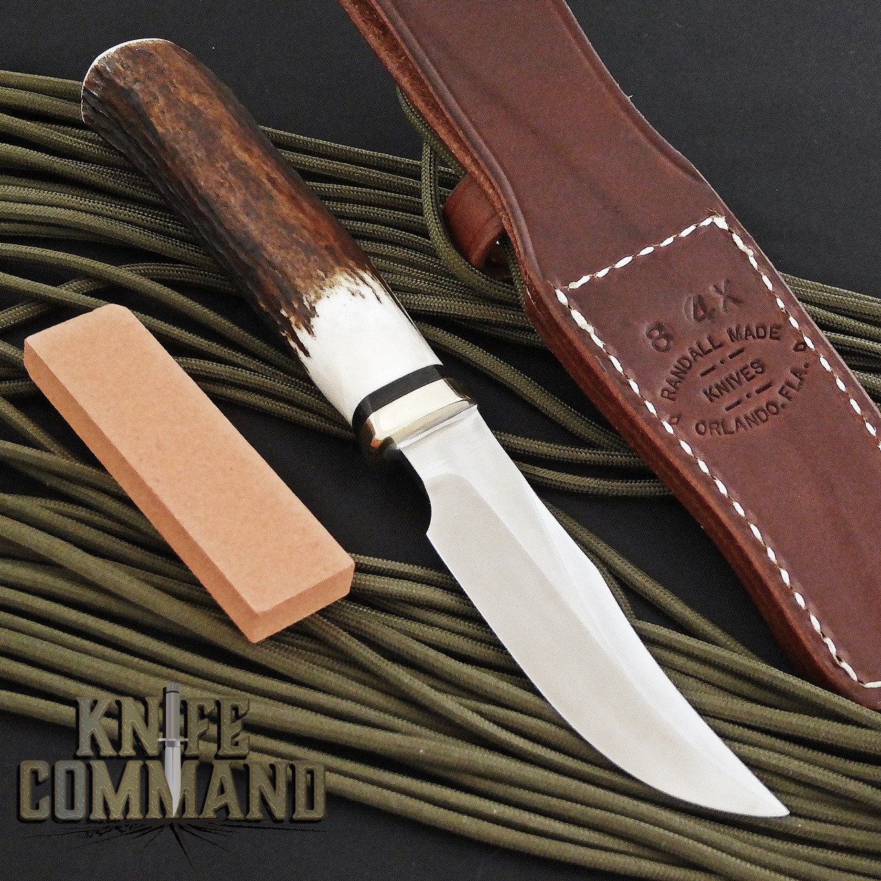 Randall Made Knives Model 8-4X Old Style Bird and Trout Stag Knife.  All black spacers.