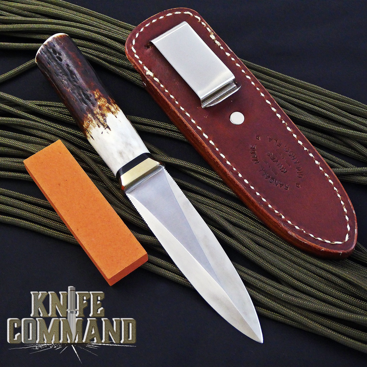 Randall Made Knives Model 24 Guardian Stag Boot Knife Brass Hilt with Compass Installed.  Concealment boot sheath and hone.