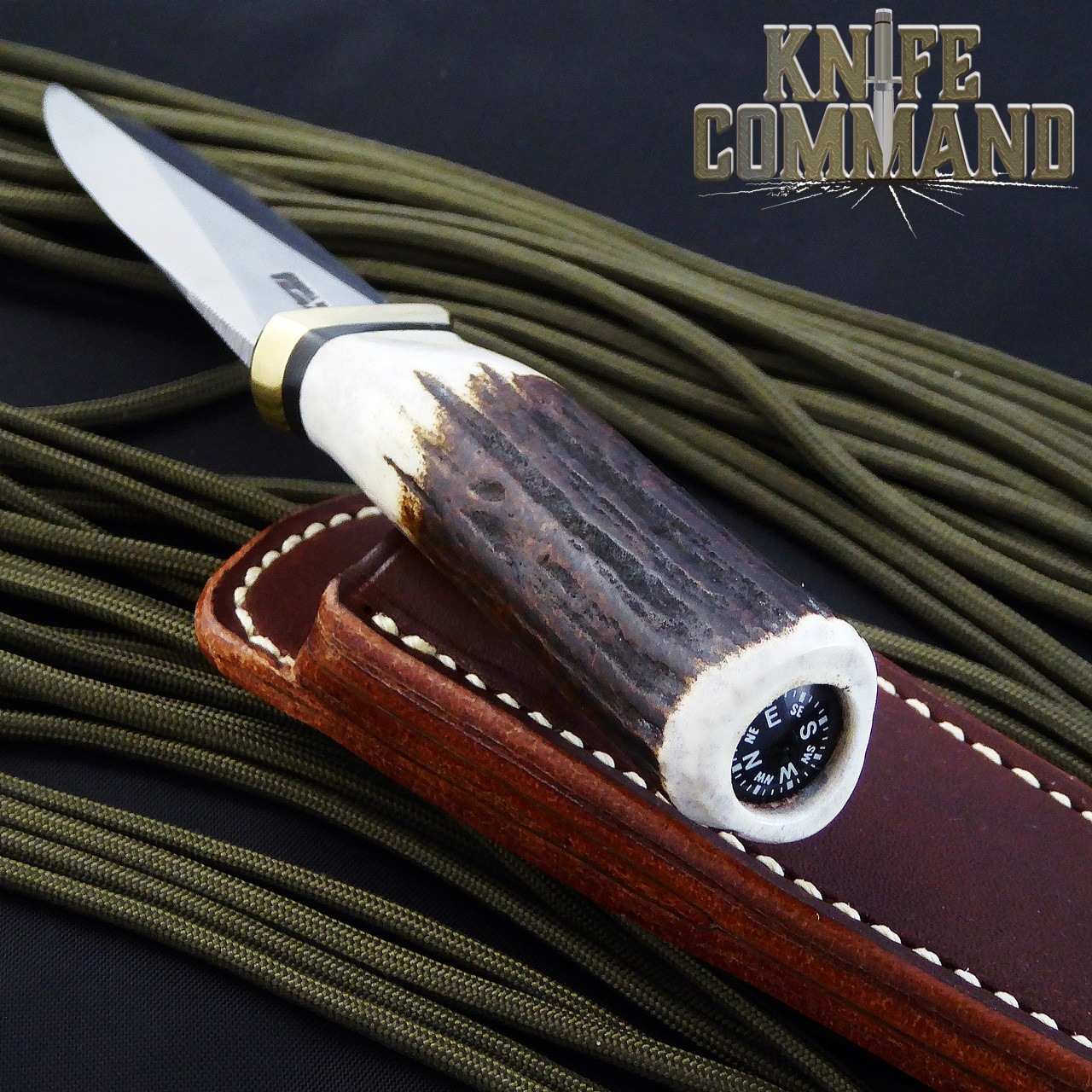 Randall Made Knives Model 24 Guardian Stag Boot Knife Brass Hilt with Compass Installed.