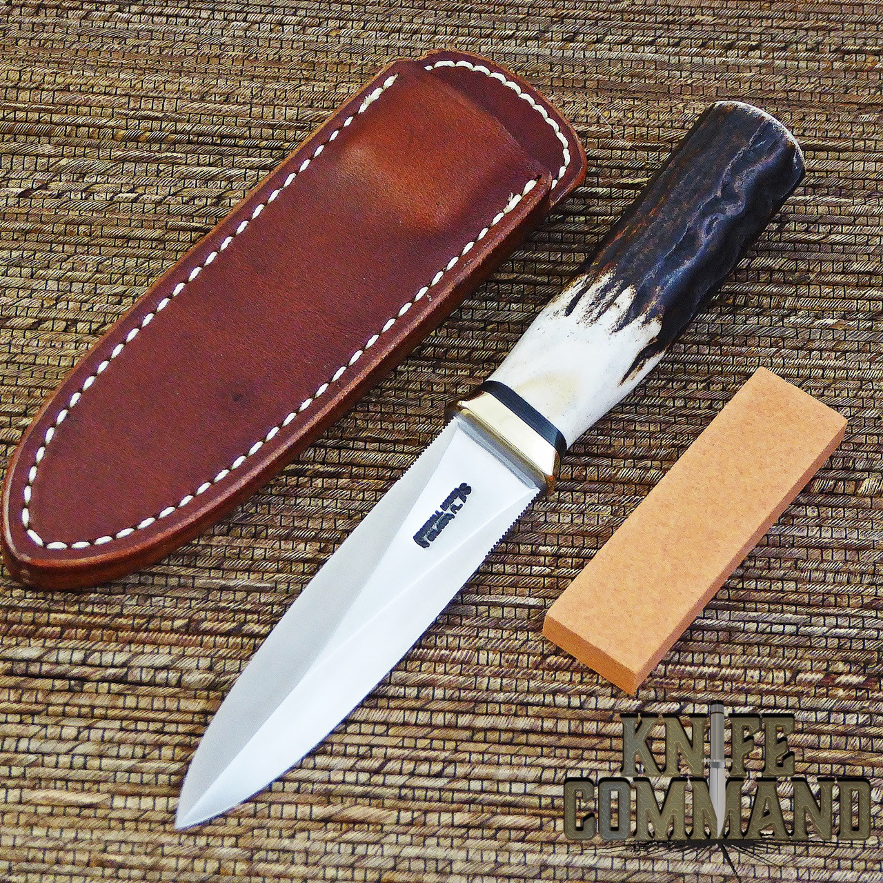 Randall Made Knives Model 24 Guardian Stag Boot Knife Brass Hilt Black Spacers.  Custom Stag, brass, and black.