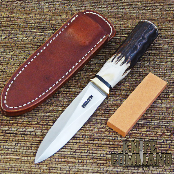 Randall Made Knives Model 24 Guardian Stag Boot Knife Brass Hilt Black Spacers.  Custom Stag, brass, and black.