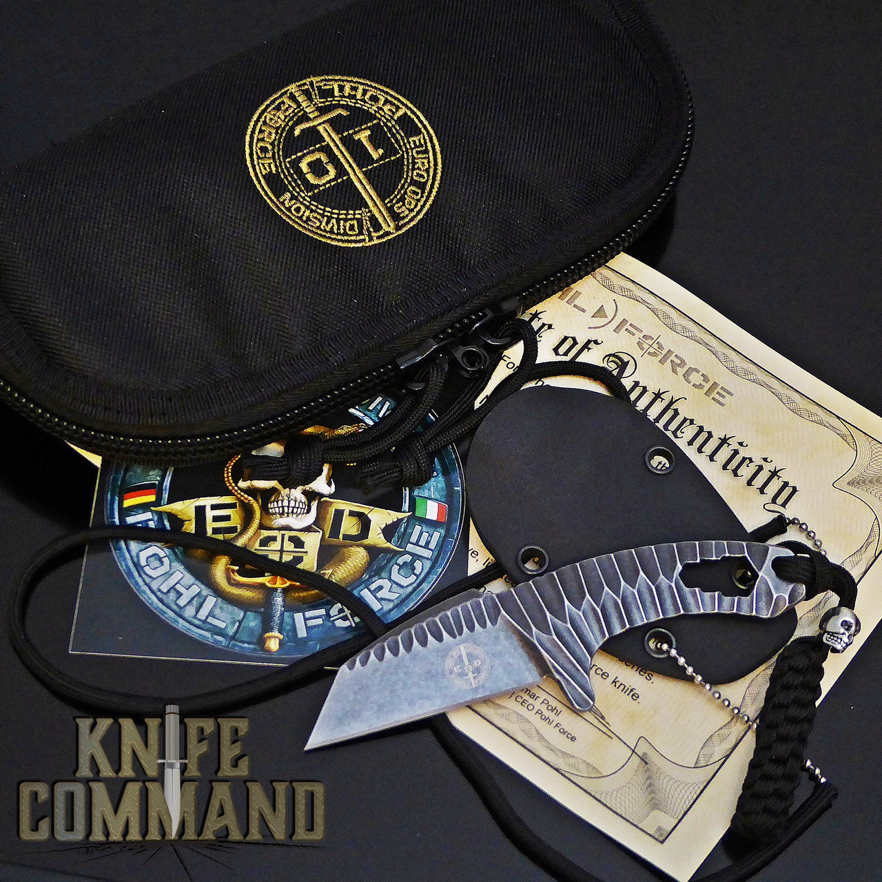 Pouch, sticker, Certificate of Authenticity, knife, sheath, chain, lanyard with skull bead.