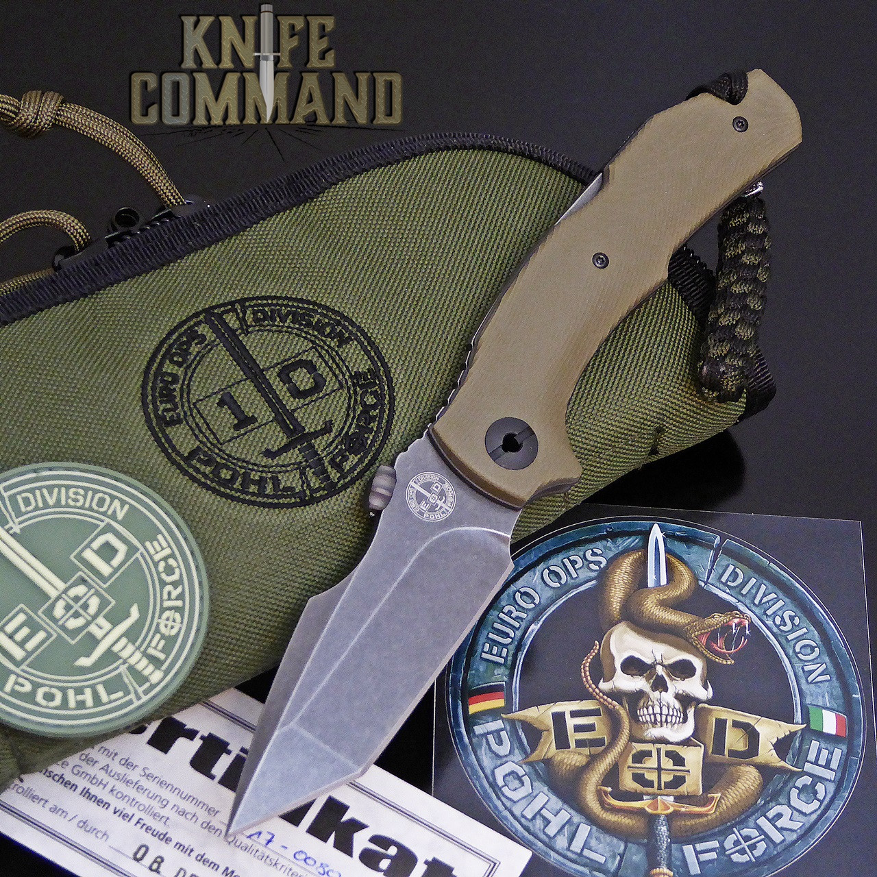 Knife, lanyard, EOD patch, sticker, COA, Pohl Force pouch.