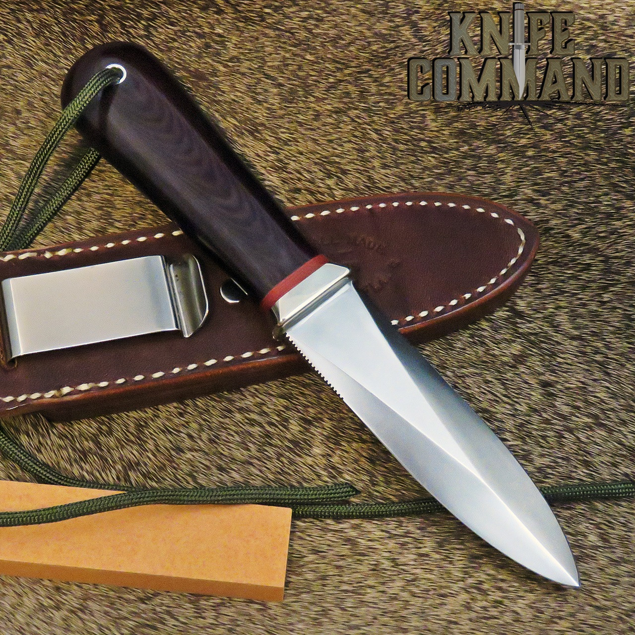 Randall Made Knives Model 24 Guardian Maroon Micarta Boot Knife with Red Spacers and Wrist Thong