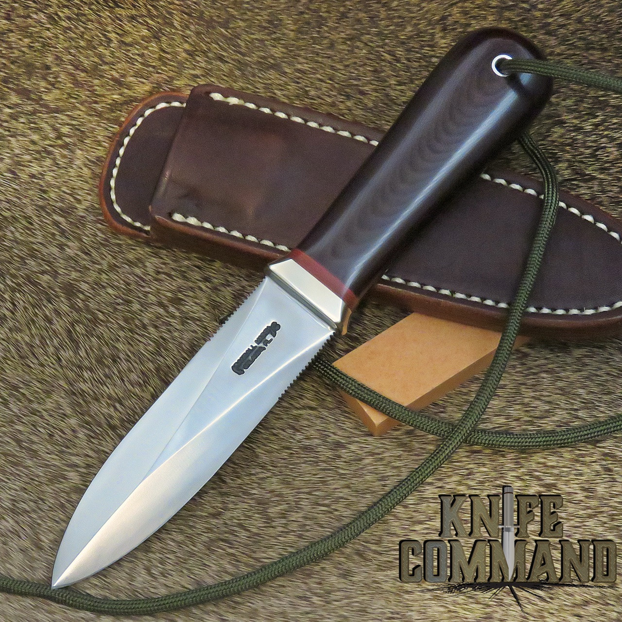 Randall Made Knives Model 24 Guardian Maroon Micarta Boot Knife with Red Spacers and Wrist Thong