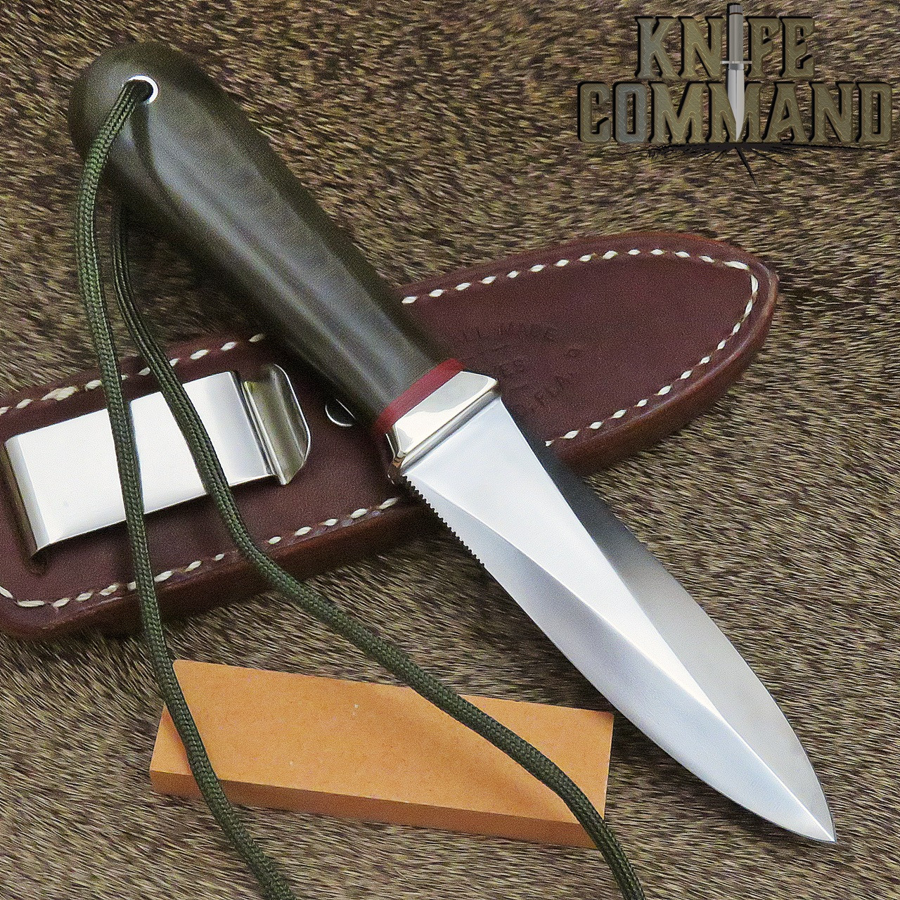 Randall Made Knives Model 24 Guardian Green Micarta Boot Knife with Red Spacers and Wrist Thong