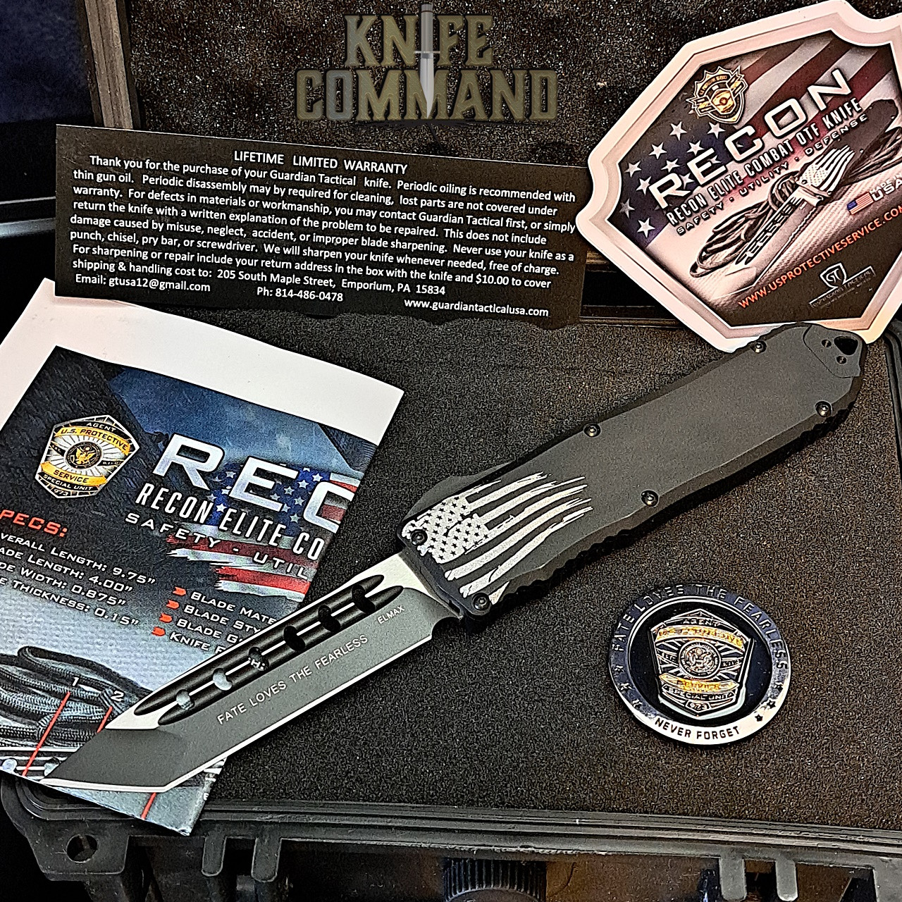 Guardian Tactical Recon Elite Tanto OTF Automatic Knife Black Elmax 103121