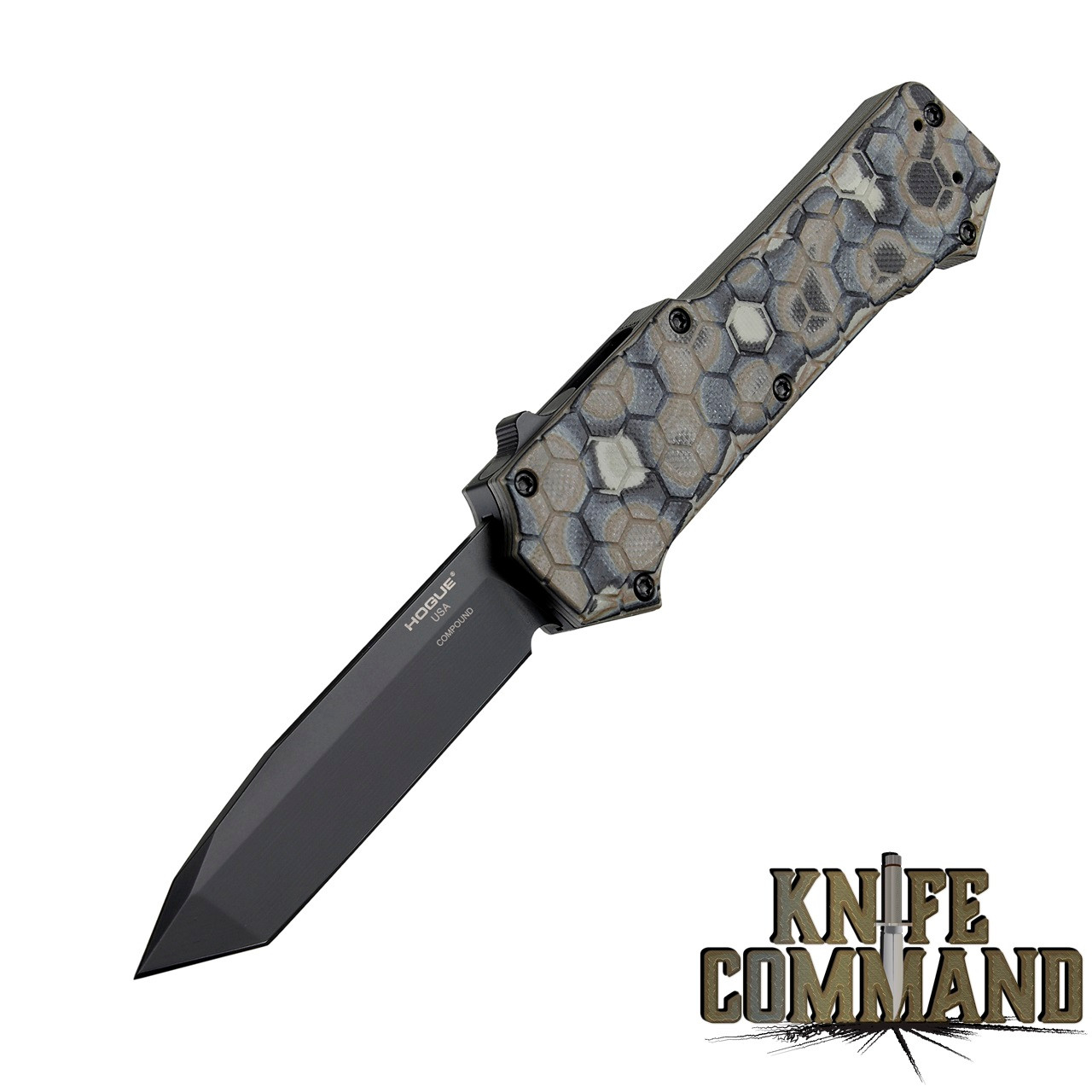 ogue Knives Compound OTF Automatic: 3.5" Tanto Blade - Black PVD Finish, G-Mascus Dark Earth G10 Frame 34027