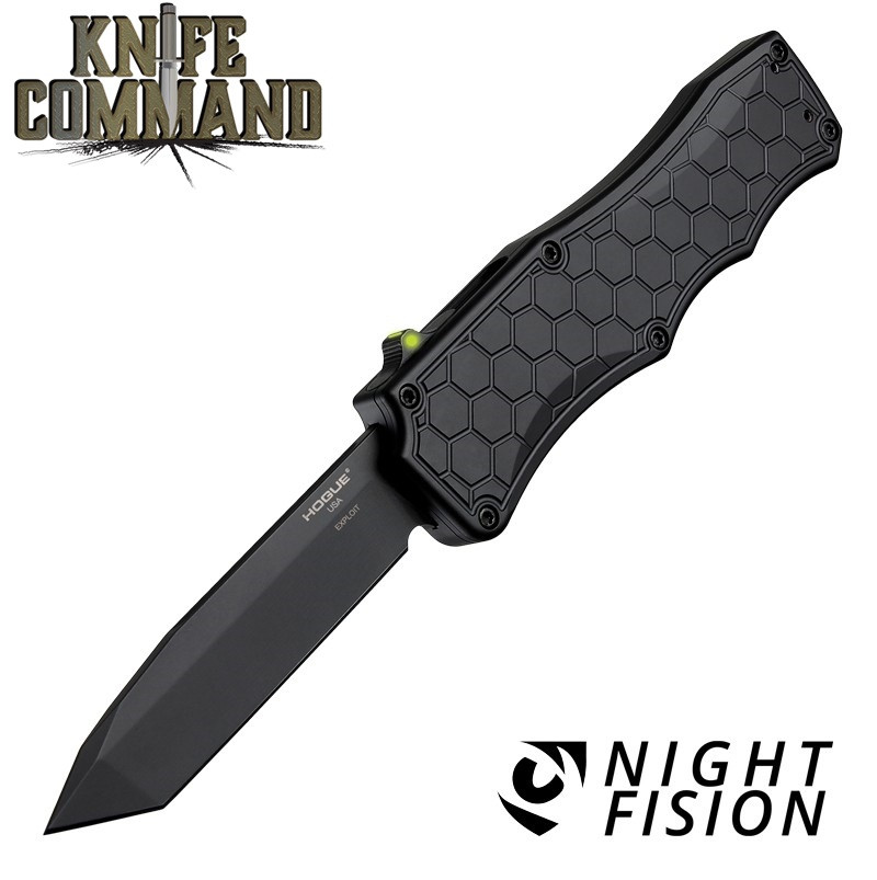 Hogue Knives Exploit OTF Automatic: 3.5" Tanto Blade - Black PVD Finish, Matte Black Aluminum Frame - Tritium Trigger 34047