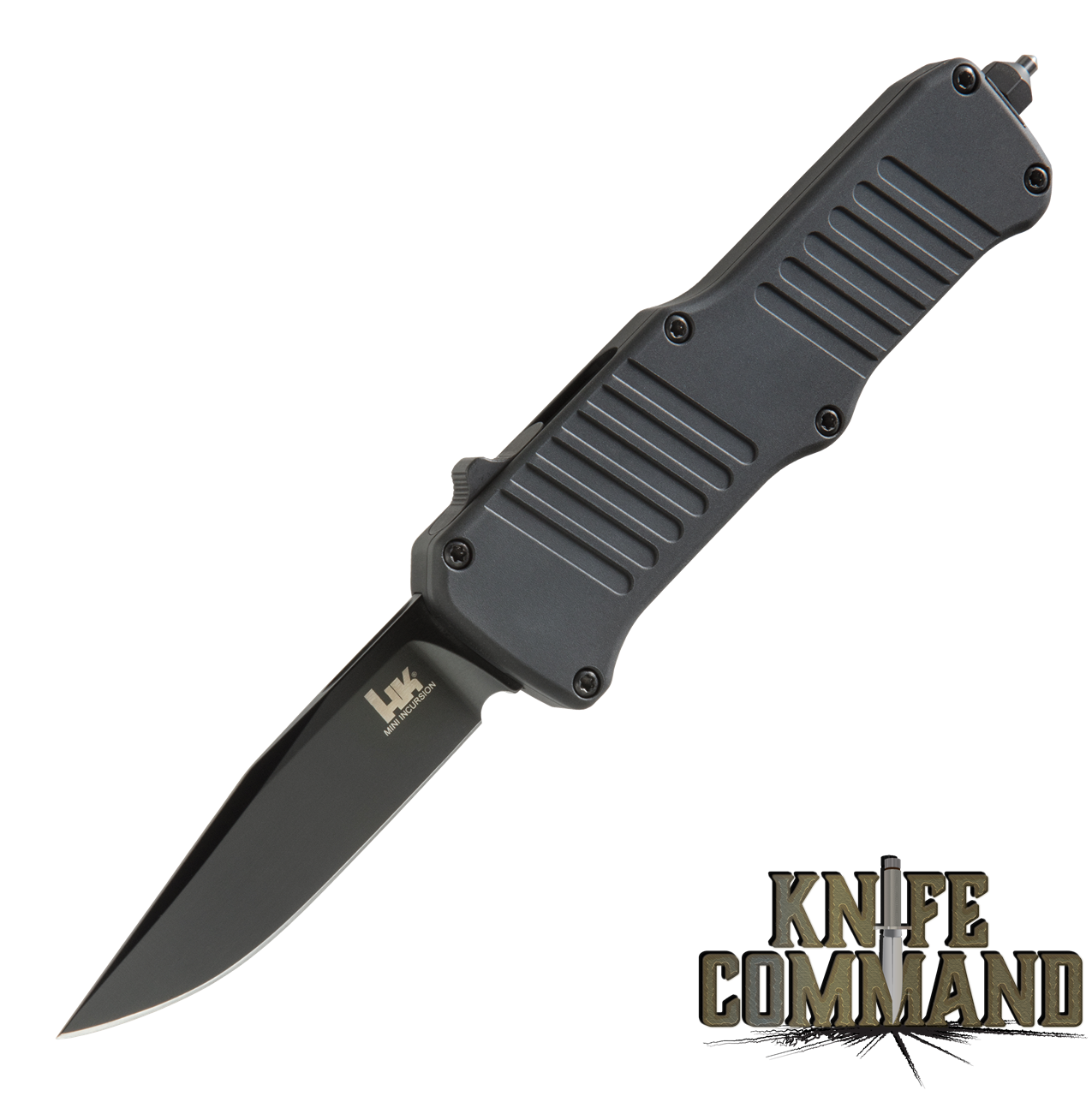 HK Mini Incursion OTF Automatic: 2.95" Clip Point Blade - Black PVD Finish,  Matte Black Aluminum Frame 54056 - KnifeCommand