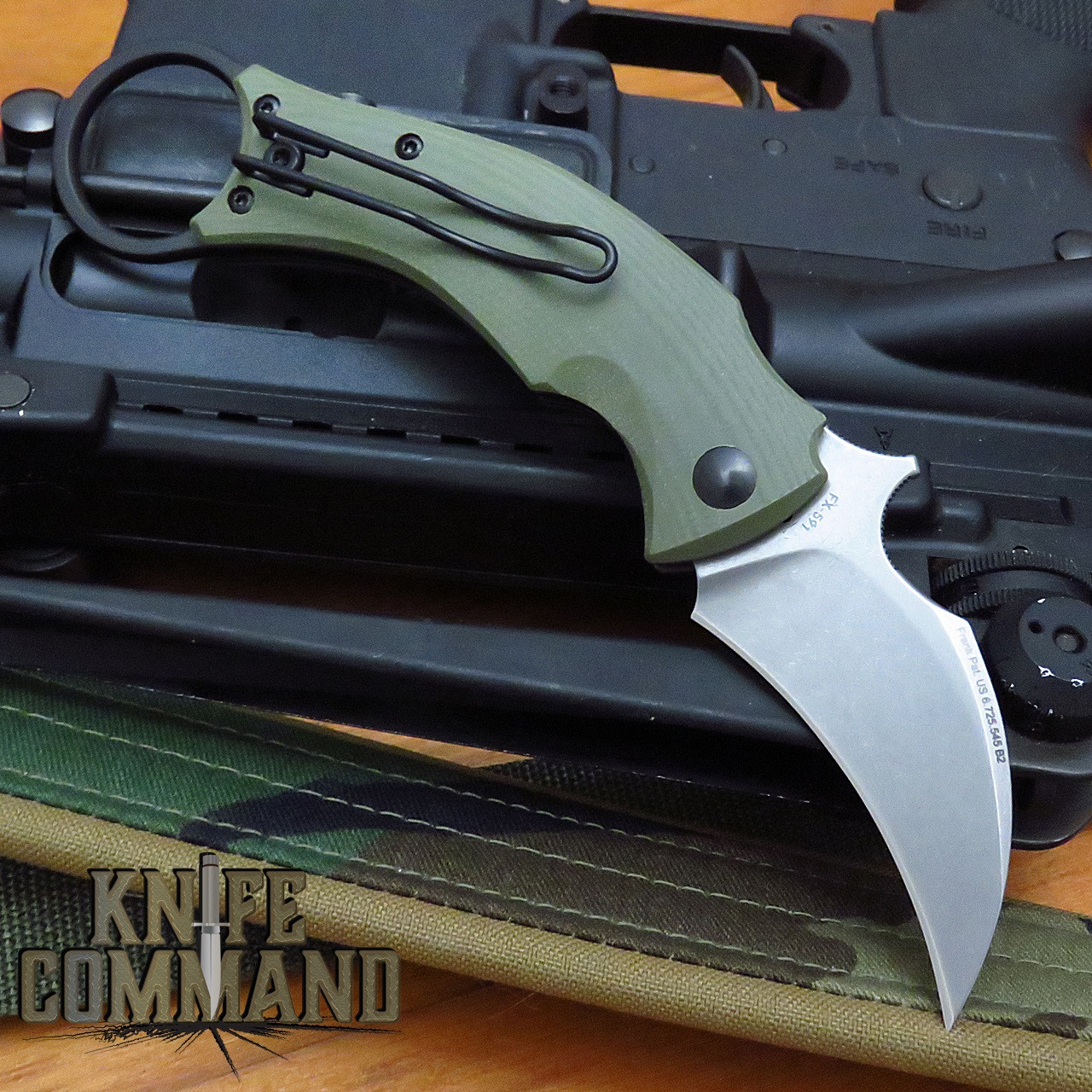 Fox Knives Bastinelli OD Green Black Bird Karambit Folding Knife FX-591ODSW Stonewashed Blade