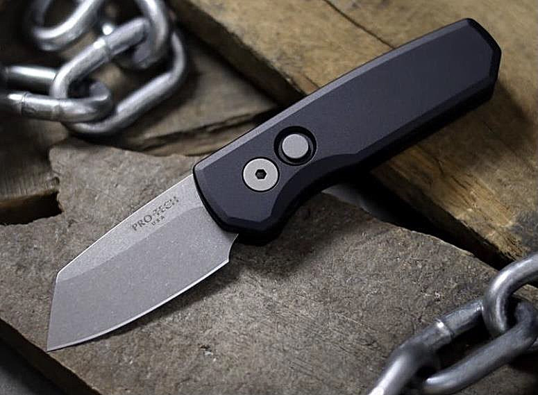 Pro-Tech Knives Runt 5 Automatic Folder Knife Folder 1-15/16" Reverse Tanto CPM-20CV Stonewashed Blade