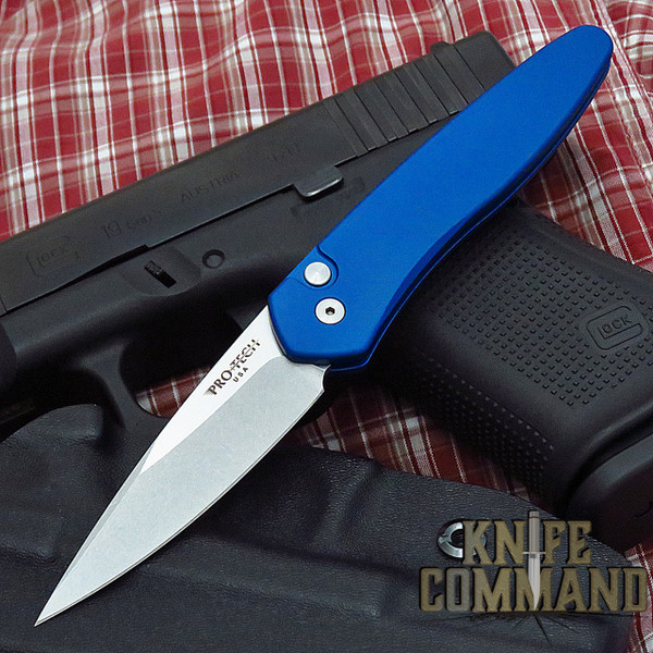 Pro-Tech Knives 3405 Blue Newport Automatic Knife Folder 3" Stonewash CPM-S35VN Blade