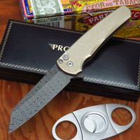 Pro-Tech Knives 5210-DAMA Malibu Custom Manual Flipper Knife Folder 3.25" Nichols Damascus Reverse Tanto Blade