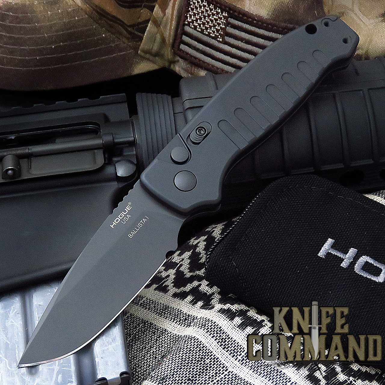 Hogue Knives Ballista I Automatic Folder: 3.5" Drop Point Blade Black Cerakote Finish, Matte Black Aluminum Frame #64130