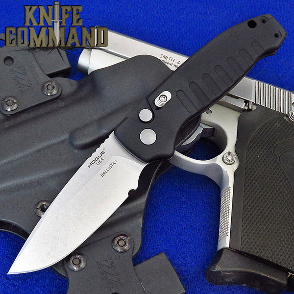 Hogue Knives Ballista I Automatic Folder: 3.5" Drop Point Blade Stone Tumbled Finish, Matte Black Aluminum Frame #64136