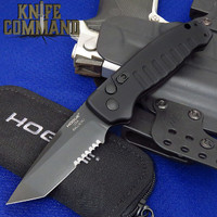 Hogue Knives Ballista I Automatic Folder: 3.5" Tanto Point Partially Serrated Blade Black Cerakote Finish, Matte Black Aluminum Frame #64120