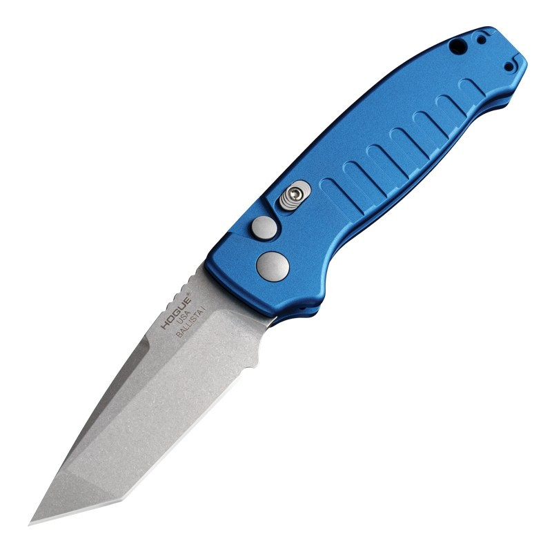 Hogue Knives Ballista I Automatic Folder: 3.5" Tanto Point Blade Stone Tumbled Finish, Matte Blue Aluminum Frame #64123