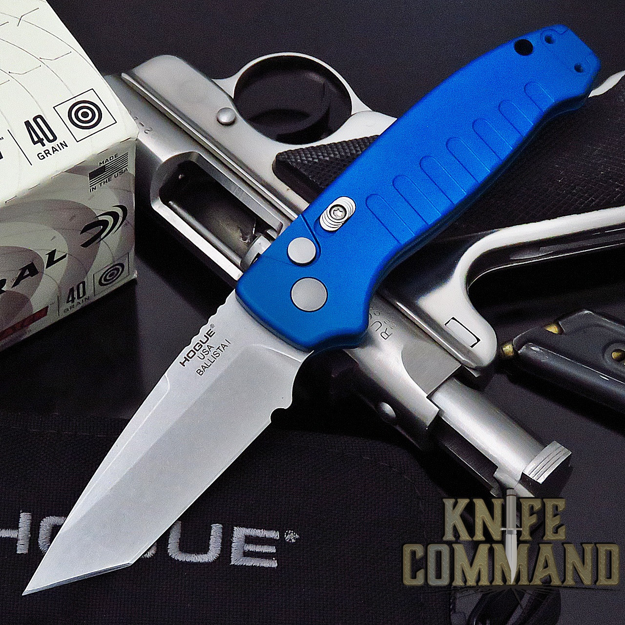 Hogue Knives Ballista I Automatic Folder: 3.5" Tanto Point Blade Stone Tumbled Finish, Matte Blue Aluminum Frame #64123
