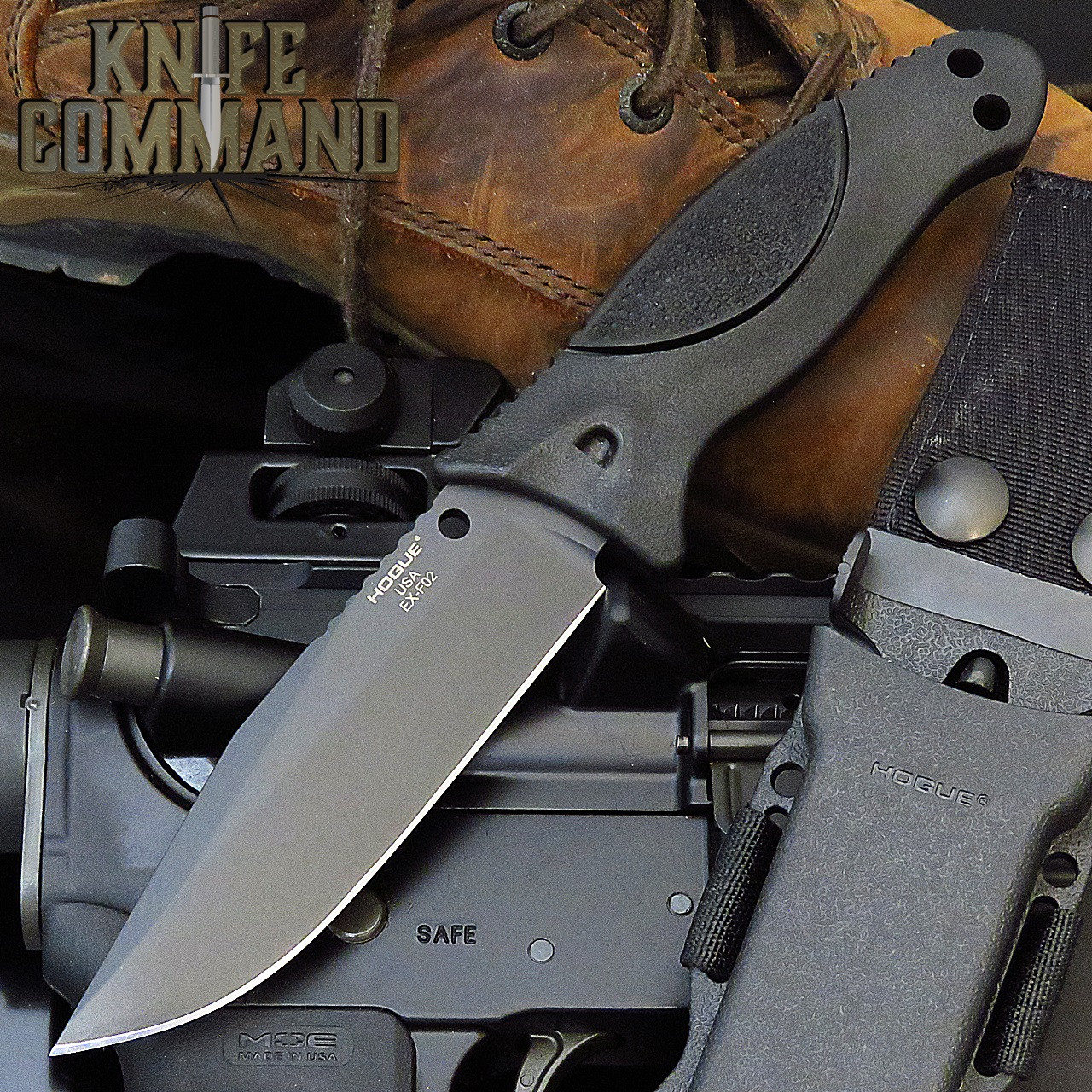 Hogue Knives EX-F02 4.5" Fixed Clip Point Blade Black Finish Auto Retention Sheath Black - Rubber OverMolded Frame Black 35250 