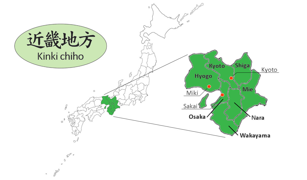 Knife-related areas in the Kinki region of Japan
